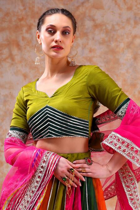 Buy_Pomcha Jaipur_Multi Color Organza Gota Patti Asymmetric Embellished Lehenga Set _Online_at_Aza_Fashions