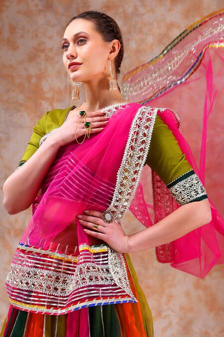 Shop_Pomcha Jaipur_Multi Color Organza Gota Patti Asymmetric Embellished Lehenga Set _Online_at_Aza_Fashions