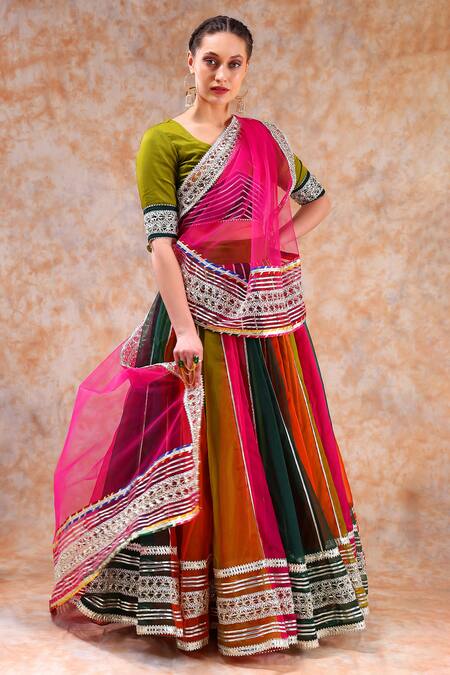 Buy_Pomcha Jaipur_Multi Color Organza Gota Patti Asymmetric Embellished Lehenga Set 