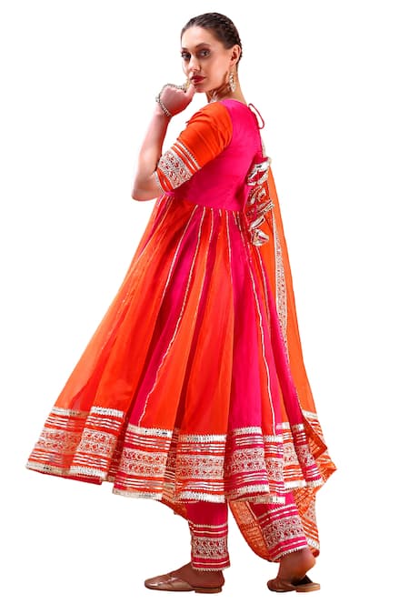 Shop_Pomcha Jaipur_Pink Organza Gota Patti V-neck Applique Embellished Anarkali Set _Online_at_Aza_Fashions