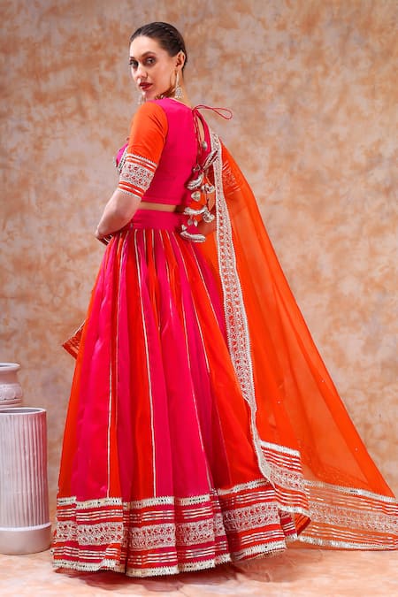 Shop_Pomcha Jaipur_Pink Organza Gota Patti Sweetheart Neck Colorblock Embellished Lehenga Set _at_Aza_Fashions