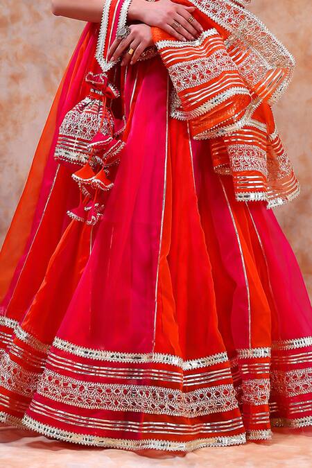 Shop Pomcha Jaipur Pink Organza Gota Patti Sweetheart Neck Colorblock Embellished Lehenga Set Online at Aza Fashions Shop_Pomcha Jaipur_Pink Organza Gota Patti Sweetheart Neck Colorblock Embellished Lehenga Set _Online_at_Aza_Fashions