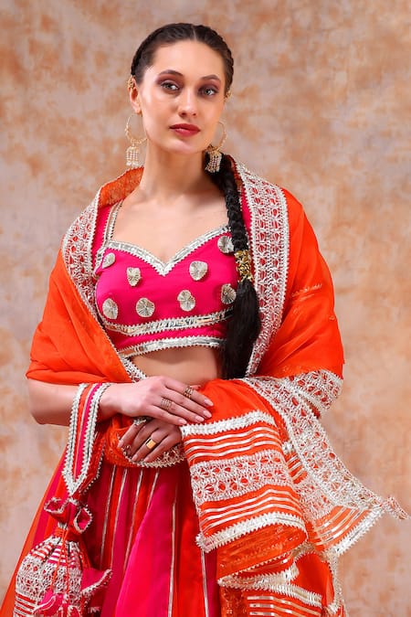 Pomcha Jaipur_Pink Organza Gota Patti Sweetheart Neck Colorblock Embellished Lehenga Set _at_Aza_Fashions