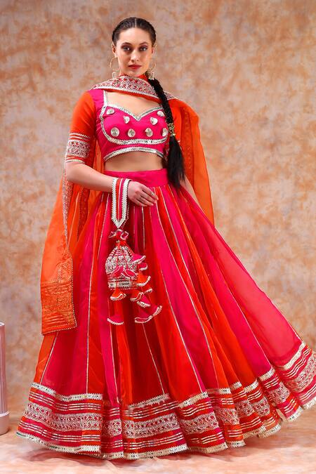 Buy_Pomcha Jaipur_Pink Organza Gota Patti Sweetheart Neck Colorblock Embellished Lehenga Set 