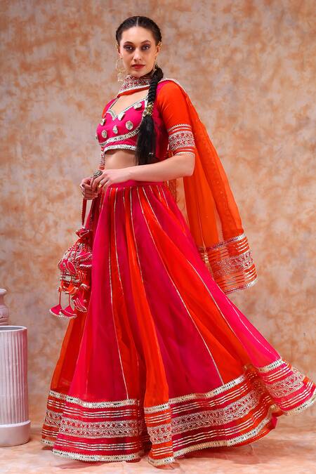 Shop Pomcha Jaipur Pink Organza Gota Patti Sweetheart Neck Colorblock Embellished Lehenga Set Shop_Pomcha Jaipur_Pink Organza Gota Patti Sweetheart Neck Colorblock Embellished Lehenga Set