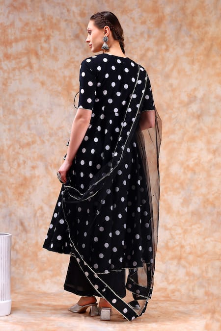 Pomcha Jaipur Polka Dot Print Angrakha Anarkali Set 