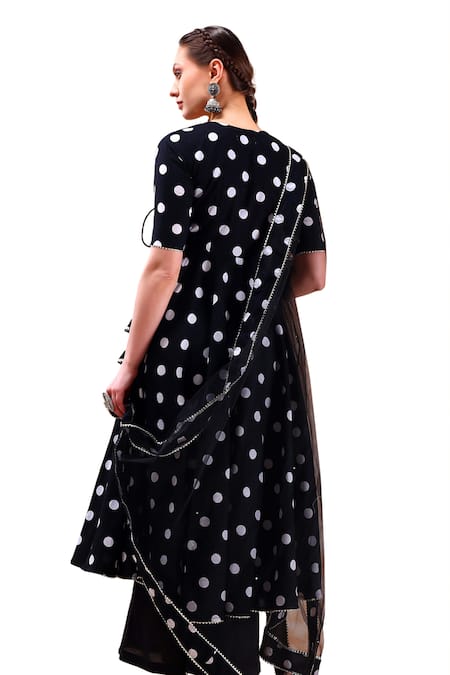 Buy_Pomcha Jaipur_Black Cotton, Net Gota Patti V-neck Polka Dot Print Angrakha Anarkali Set _Online_at_Aza_Fashions
