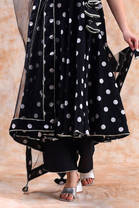 Shop_Pomcha Jaipur_Black Cotton, Net Gota Patti V-neck Polka Dot Print Angrakha Anarkali Set _Online_at_Aza_Fashions
