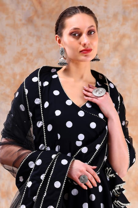Pomcha Jaipur_Black Cotton, Net Gota Patti V-neck Polka Dot Print Angrakha Anarkali Set _at_Aza_Fashions