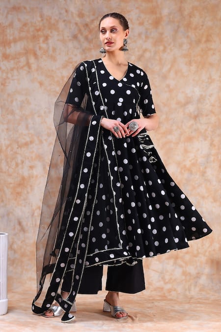Buy_Pomcha Jaipur_Black Cotton, Net Gota Patti V-neck Polka Dot Print Angrakha Anarkali Set 