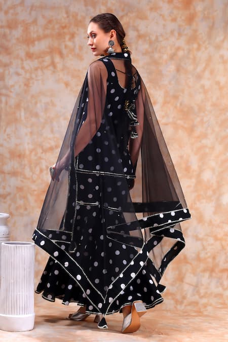 Shop_Pomcha Jaipur_Black Cotton, Net Gota Patti, Embroidery Polka Dot Print Kurta Sharara Set _at_Aza_Fashions