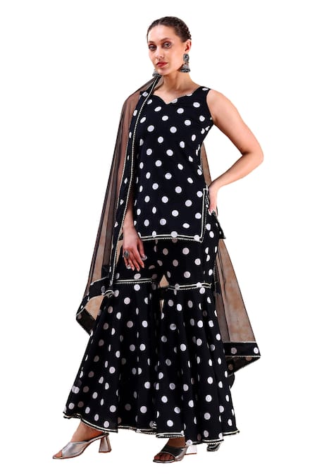 Pomcha Jaipur Black Cotton, Net Gota Patti, Embroidery Polka Dot Print Kurta Sharara Set Online at Aza Fashions Pomcha Jaipur_Black Cotton, Net Gota Patti, Embroidery Polka Dot Print Kurta Sharara Set _Online_at_Aza_Fashions