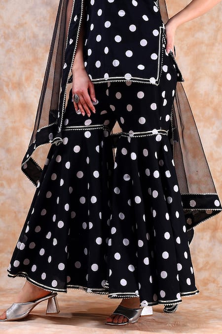 Buy Pomcha Jaipur Black Cotton, Net Gota Patti, Embroidery Polka Dot Print Kurta Sharara Set Online at Aza Fashions Buy_Pomcha Jaipur_Black Cotton, Net Gota Patti, Embroidery Polka Dot Print Kurta Sharara Set _Online_at_Aza_Fashions