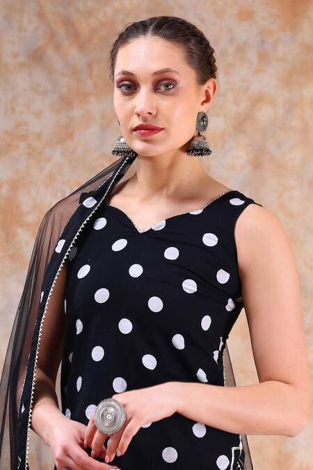 Shop_Pomcha Jaipur_Black Cotton, Net Gota Patti, Embroidery Polka Dot Print Kurta Sharara Set _Online_at_Aza_Fashions