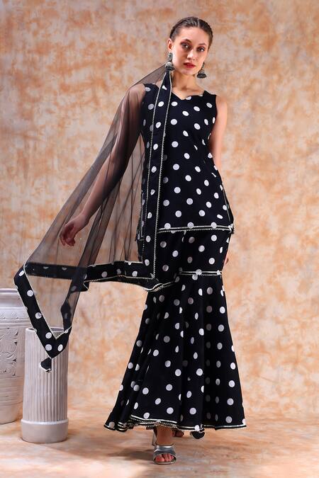 Pomcha Jaipur_Black Cotton, Net Gota Patti, Embroidery Polka Dot Print Kurta Sharara Set _at_Aza_Fashions