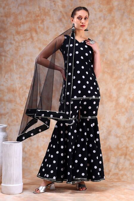 Buy_Pomcha Jaipur_Black Cotton, Net Gota Patti, Embroidery Polka Dot Print Kurta Sharara Set 
