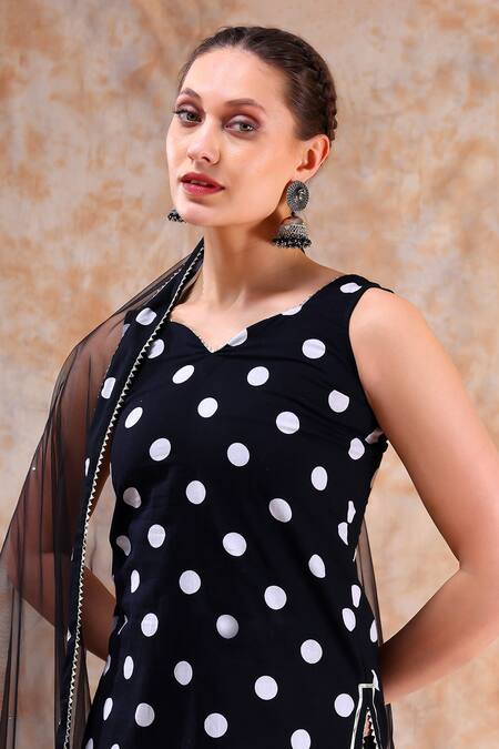 Shop_Pomcha Jaipur_Black Cotton, Net Gota Patti, Embroidery Polka Dot Print Kurta Sharara Set 