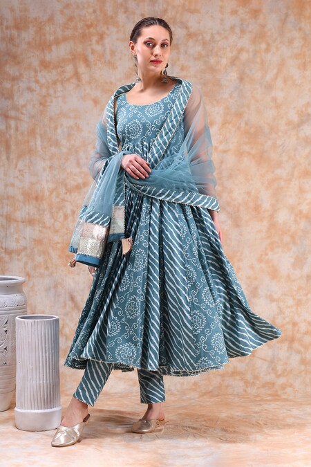 POMCHA JAIPUR Blue Anarkali And Pant Cotton Printed Bandhej Round Neck Set