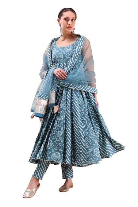 Pomcha Jaipur_Blue Cotton, Organza Gota Patti, Embroidery, Cut Work Bandhej Print Anarkali Set _Online_at_Aza_Fashions