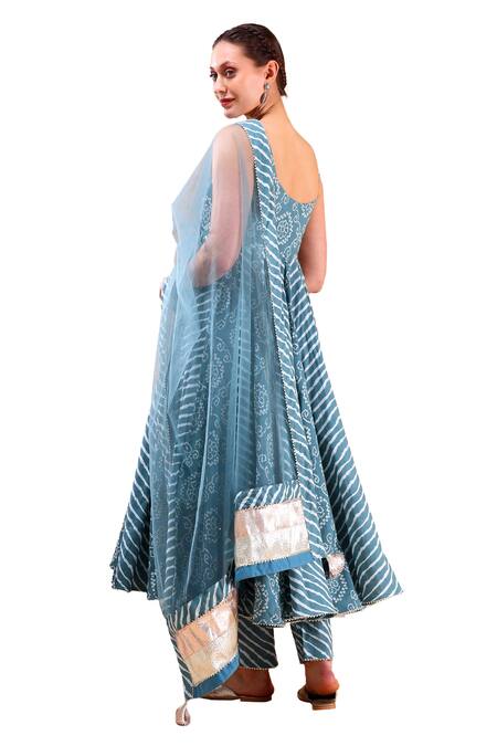 Buy_Pomcha Jaipur_Blue Cotton, Organza Gota Patti, Embroidery, Cut Work Bandhej Print Anarkali Set _Online_at_Aza_Fashions
