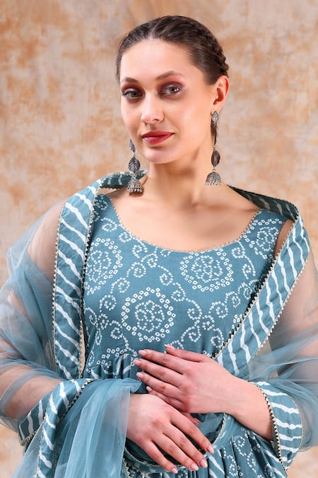 Shop_Pomcha Jaipur_Blue Cotton, Organza Gota Patti, Embroidery, Cut Work Bandhej Print Anarkali Set _Online_at_Aza_Fashions