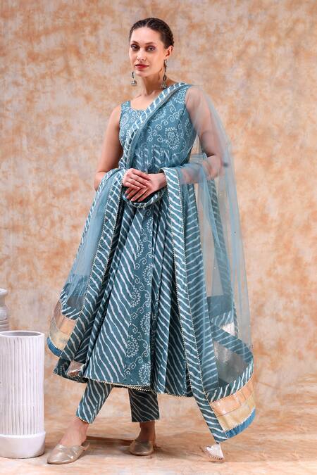 Shop_Pomcha Jaipur_Blue Cotton, Organza Gota Patti, Embroidery, Cut Work Bandhej Print Anarkali Set 