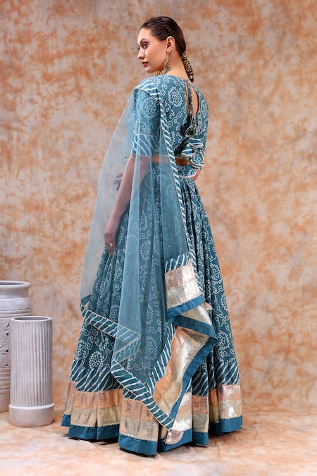Shop_Pomcha Jaipur_Blue Cotton, Net Gota Patti, Embroidery Asymmetric Botanical Print Lehenga Set _at_Aza_Fashions
