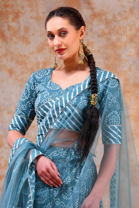Pomcha Jaipur_Blue Cotton, Net Gota Patti, Embroidery Asymmetric Botanical Print Lehenga Set _Online_at_Aza_Fashions