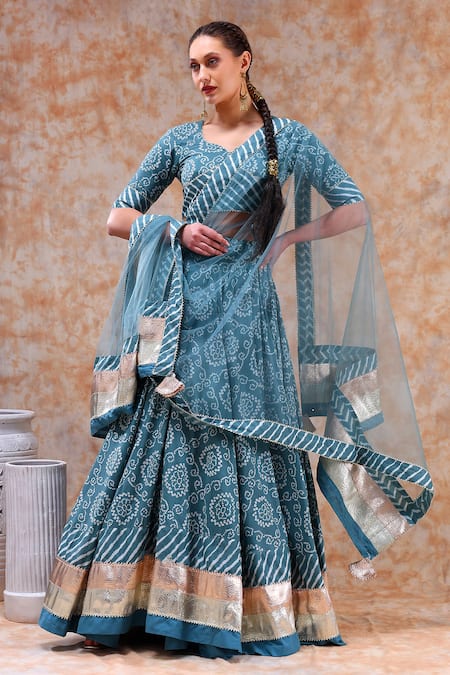 Buy_Pomcha Jaipur_Blue Cotton, Net Gota Patti, Embroidery Asymmetric Botanical Print Lehenga Set _Online_at_Aza_Fashions