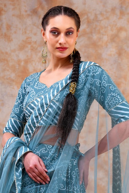 Shop_Pomcha Jaipur_Blue Cotton, Net Gota Patti, Embroidery Asymmetric Botanical Print Lehenga Set _Online_at_Aza_Fashions