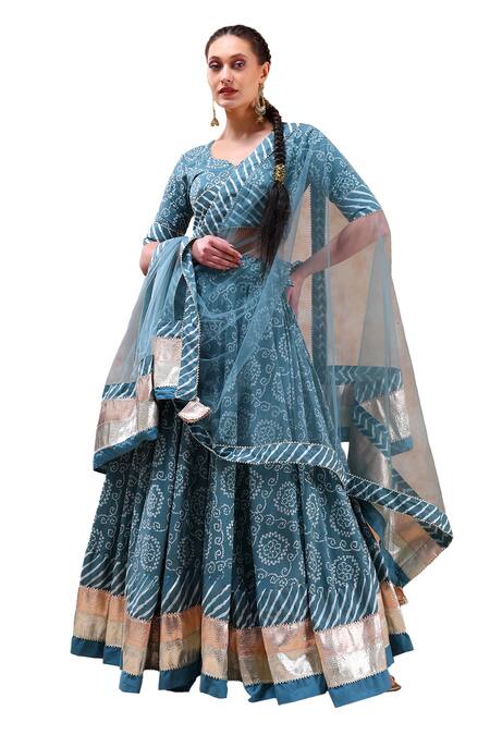 Pomcha Jaipur Blue Cotton, Net Gota Patti, Embroidery Asymmetric Botanical Print Lehenga Set at Aza Fashions Pomcha Jaipur_Blue Cotton, Net Gota Patti, Embroidery Asymmetric Botanical Print Lehenga Set _at_Aza_Fashions