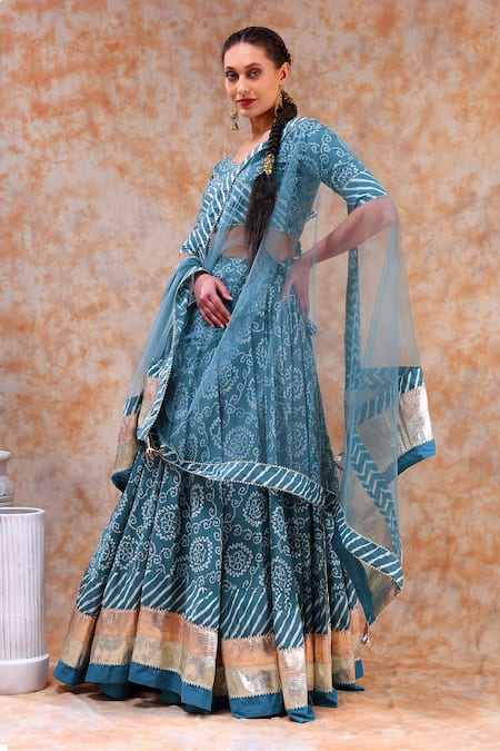 Buy_Pomcha Jaipur_Blue Cotton, Net Gota Patti, Embroidery Asymmetric Botanical Print Lehenga Set 
