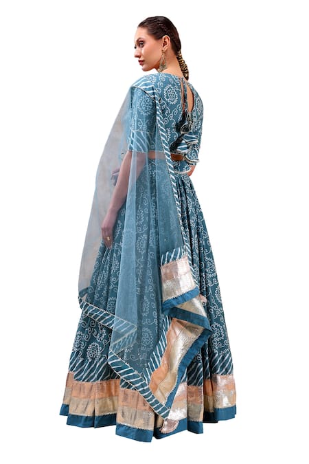 Shop Pomcha Jaipur Blue Cotton, Net Gota Patti, Embroidery Asymmetric Botanical Print Lehenga Set Shop_Pomcha Jaipur_Blue Cotton, Net Gota Patti, Embroidery Asymmetric Botanical Print Lehenga Set