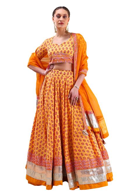 Pomcha Jaipur_Yellow Cotton, Net Gota Patti, Embroidery Sweetheart Bouquet Print Lehenga Set _at_Aza_Fashions