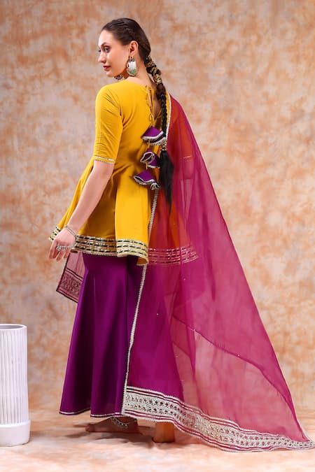 Shop_Pomcha Jaipur_Yellow Cotton, Organza Gota Patti, Cut Lace Embellished Anarkali Sharara Set _at_Aza_Fashions