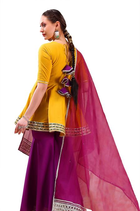 Pomcha Jaipur Yellow Cotton, Organza Gota Patti, Cut Lace Embellished Anarkali Sharara Set Online at Aza Fashions Pomcha Jaipur_Yellow Cotton, Organza Gota Patti, Cut Lace Embellished Anarkali Sharara Set _Online_at_Aza_Fashions
