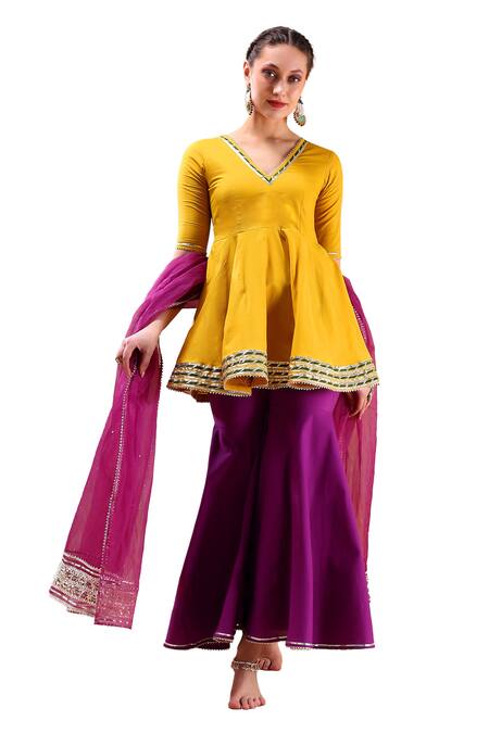 Buy Pomcha Jaipur Yellow Cotton, Organza Gota Patti, Cut Lace Embellished Anarkali Sharara Set Online at Aza Fashions Buy_Pomcha Jaipur_Yellow Cotton, Organza Gota Patti, Cut Lace Embellished Anarkali Sharara Set _Online_at_Aza_Fashions