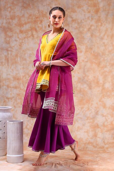 Pomcha Jaipur_Yellow Cotton, Organza Gota Patti, Cut Lace Embellished Anarkali Sharara Set _at_Aza_Fashions