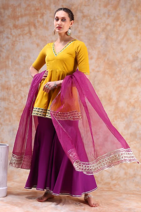 Buy_Pomcha Jaipur_Yellow Cotton, Organza Gota Patti, Cut Lace Embellished Anarkali Sharara Set 