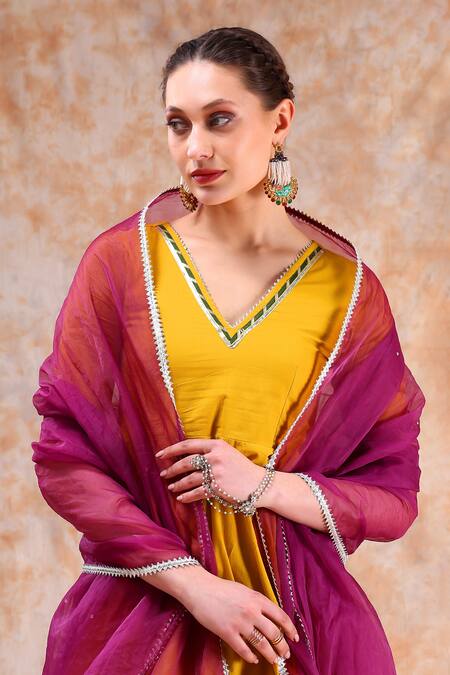 Shop_Pomcha Jaipur_Yellow Cotton, Organza Gota Patti, Cut Lace Embellished Anarkali Sharara Set 