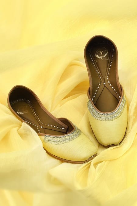 Shop Yassio Yellow Faiza Thread Embroidered Juttis at Aza Fashions Shop_Yassio_Yellow Faiza Thread Embroidered Juttis _at_Aza_Fashions
