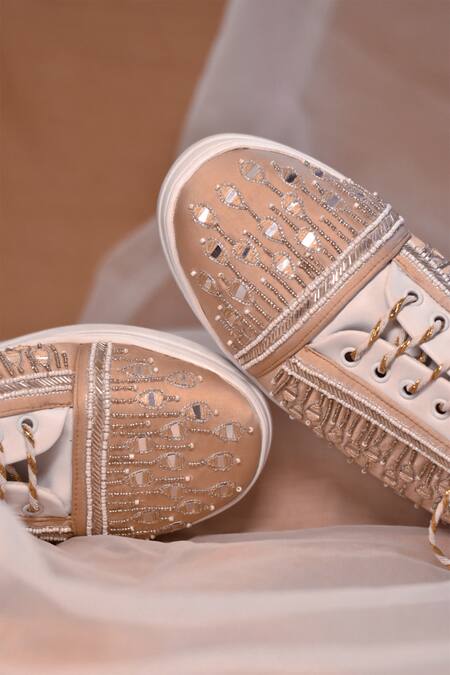 Shop Around Always Peach Aarshi Mirror Embroidered Shoes at Aza Fashions Shop_Around Always_Peach Aarshi Mirror Embroidered Shoes_at_Aza_Fashions