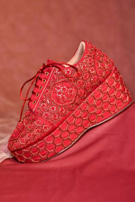 Buy_Around Always_Red Beeba Zari Embroidered Sneakers _Online_at_Aza_Fashions