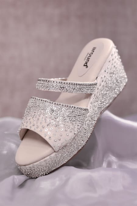 Shop Around Always Ivory Sequins, Beads Evelyn Shimmer Embroidered Wedges at Aza Fashions Shop_Around Always_Ivory Sequins, Beads Evelyn Shimmer Embroidered Wedges _at_Aza_Fashions