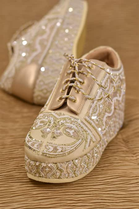 AROUND ALWAYS Ivory Bead Madhuban Sequin Embroidered Sneakers 