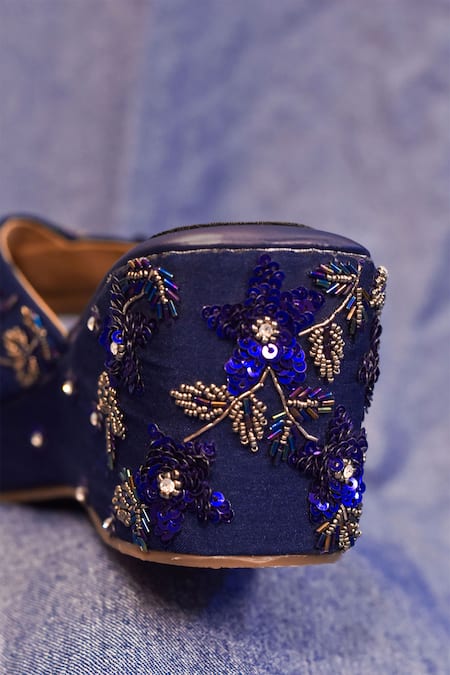 Around Always_Blue Cut Work, Sequins, Beads Floral Embroidered Wedges _Online_at_Aza_Fashions