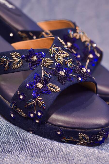 Buy_Around Always_Blue Cut Work, Sequins, Beads Floral Embroidered Wedges _Online_at_Aza_Fashions