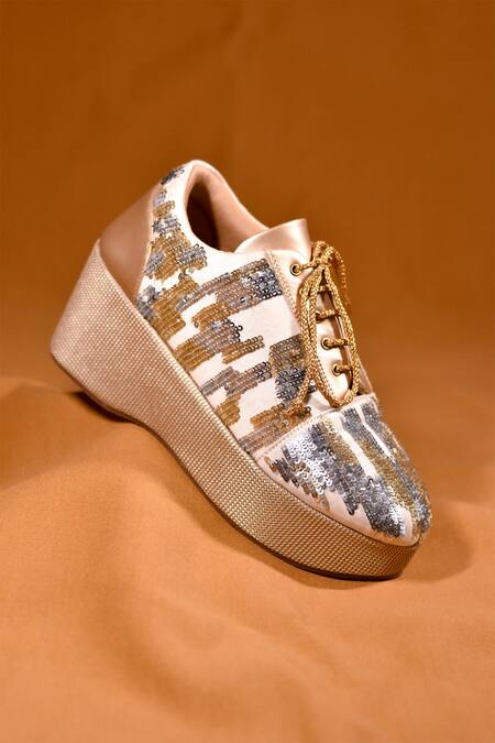 Around Always_Gold Versa Sequin Embroidered Sneakers_Online_at_Aza_Fashions