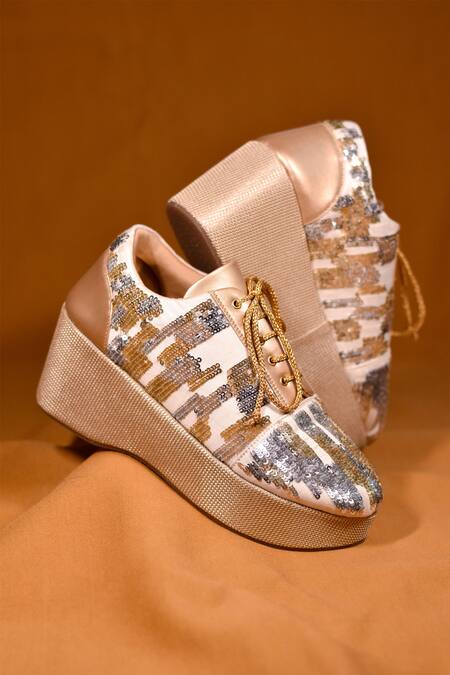 Buy_Around Always_Gold Versa Sequin Embroidered Sneakers_Online_at_Aza_Fashions
