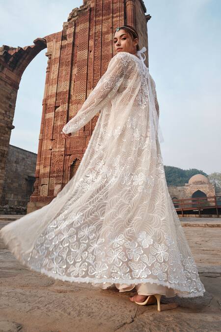 Buy Kashmiraa Ivory Cotton, Georgette Beads, Sequins Floral Embroidered Cape Sharara Set Online at Aza Fashions Buy_Kashmiraa_Ivory Cotton, Georgette Beads, Sequins Floral Embroidered Cape Sharara Set _Online_at_Aza_Fashions